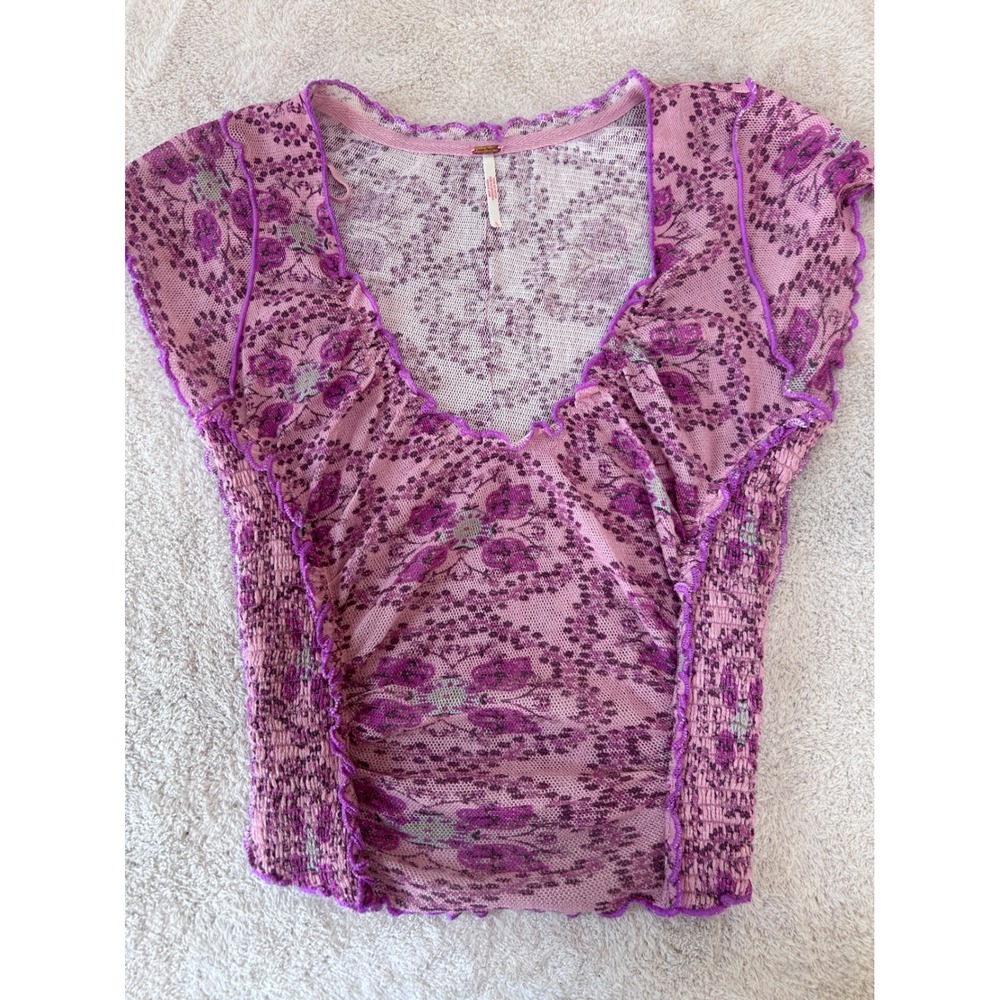 Free People Oh My Baby Tee Size Small Pink/Lilac Mesh Smocked V-Neck Cap Sleeve